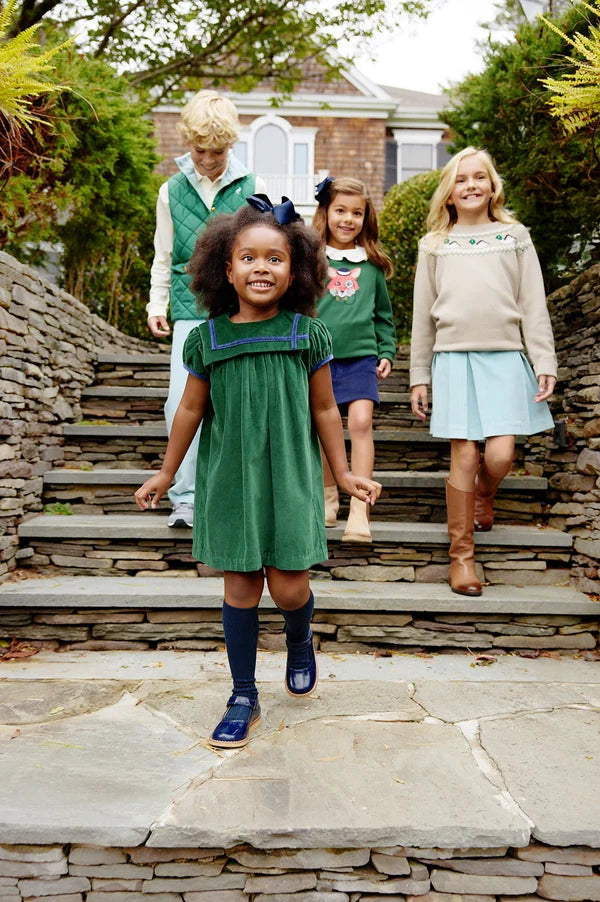 Short Sleeve Patsy's Party Dress - Grier Green Velveteen with Nantucket Navy