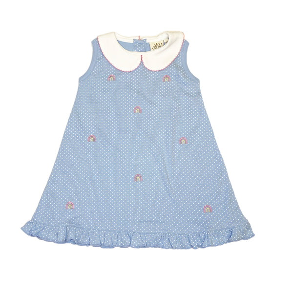 IDD320P Rainbow App Sky Blue w/ White Dot Dress - Born Childrens Boutique