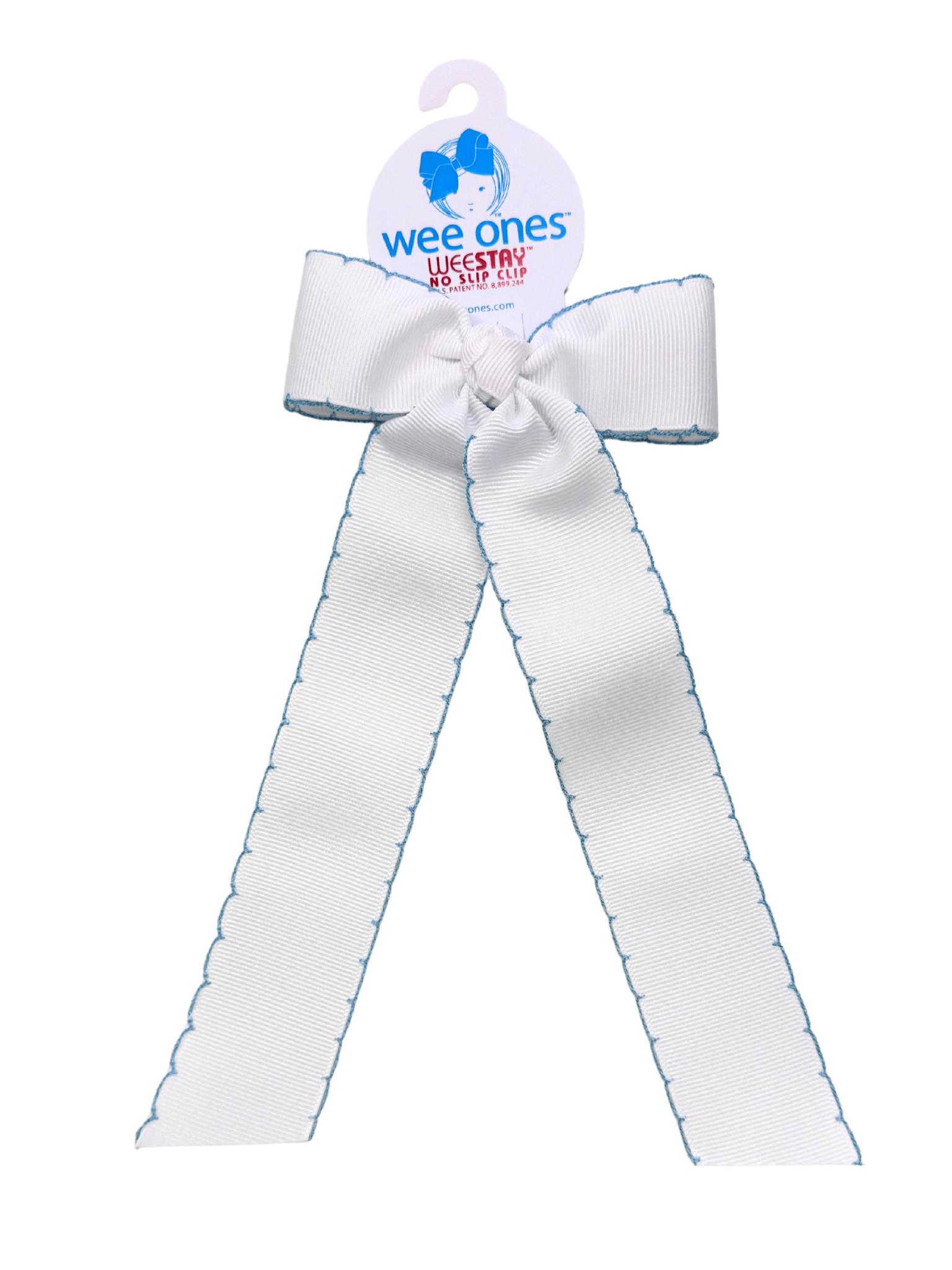Wee Ones White with Millenum Blue Moonstitch Bow with Tail - Born Childrens Boutique