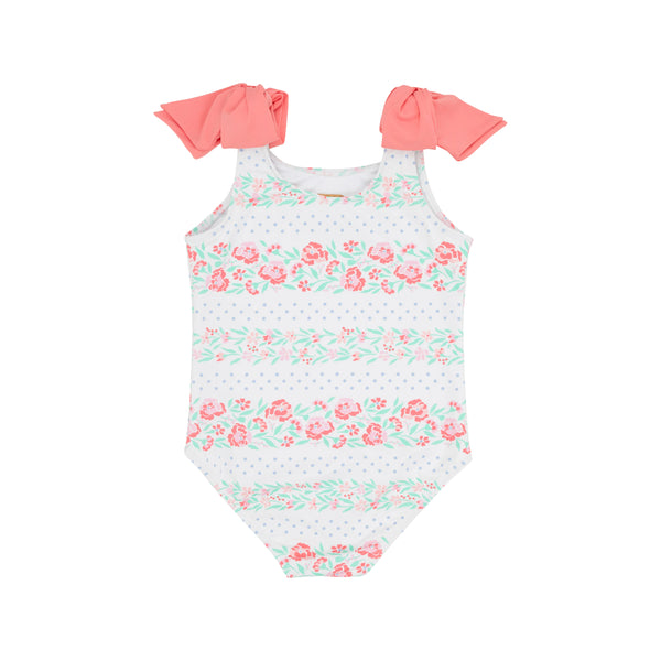 Edisto Beach Bathing Suit Gasparilla Garlands With Parrot Cay Coral Bows - Born Childrens Boutique