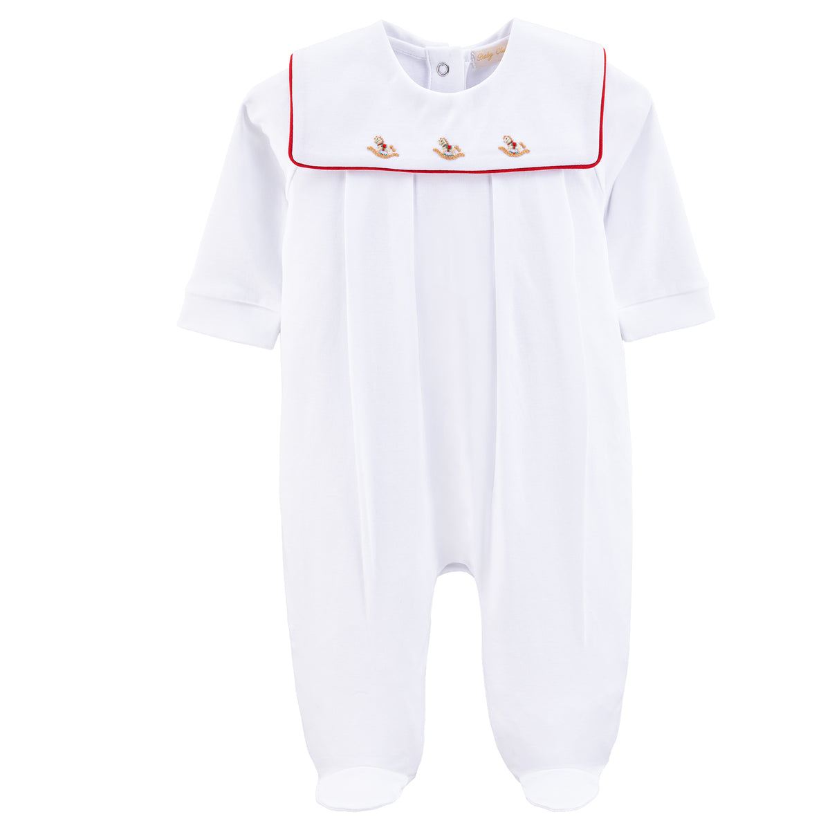 Christmas Rocking Horse Emb Pima Collared Footie - Born Childrens Boutique