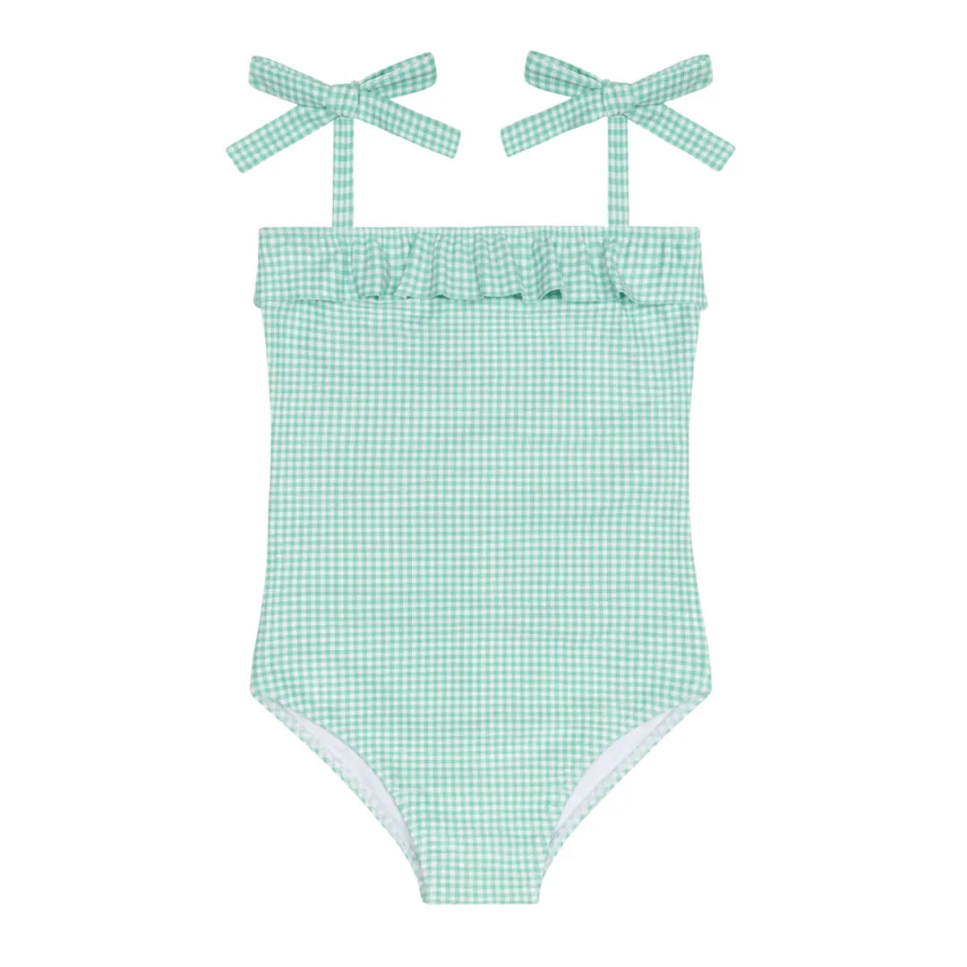 Gustavia Gingham Ruffle Front Tie Strap One Piece - Born Childrens Boutique