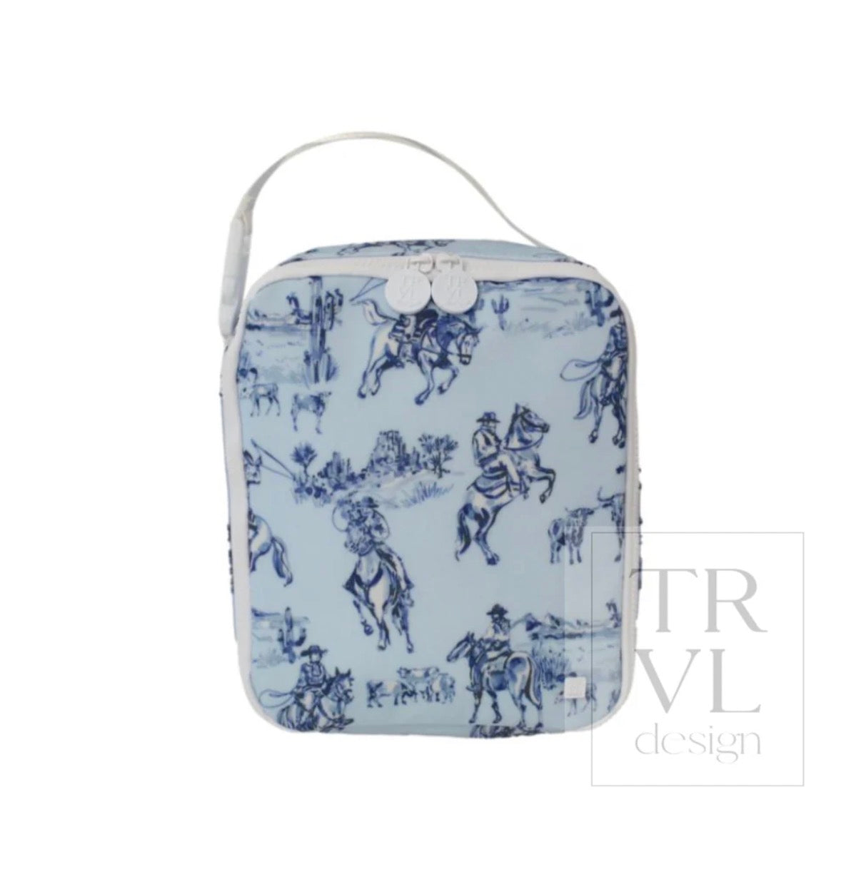 A square-shaped soft-sided bag with a white top handle, featuring a blue and white toile-style print of historical figures and horses. The bag has a white zipper closure with a decorative white bow detail at the top.