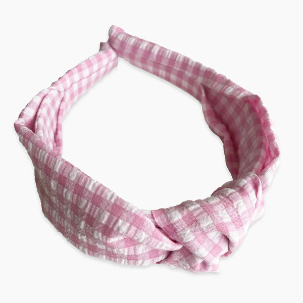 Seersucker Gingham Knotted Headband, Pink - Born Childrens Boutique