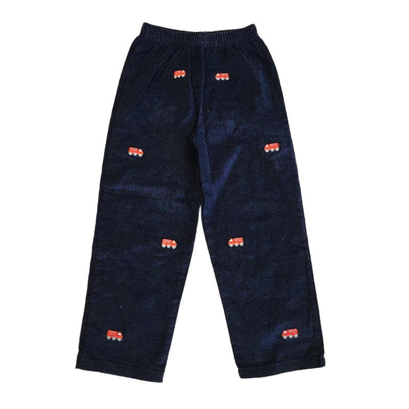 Cord Pant Navy with Embroidered Fire Truck - Born Childrens Boutique