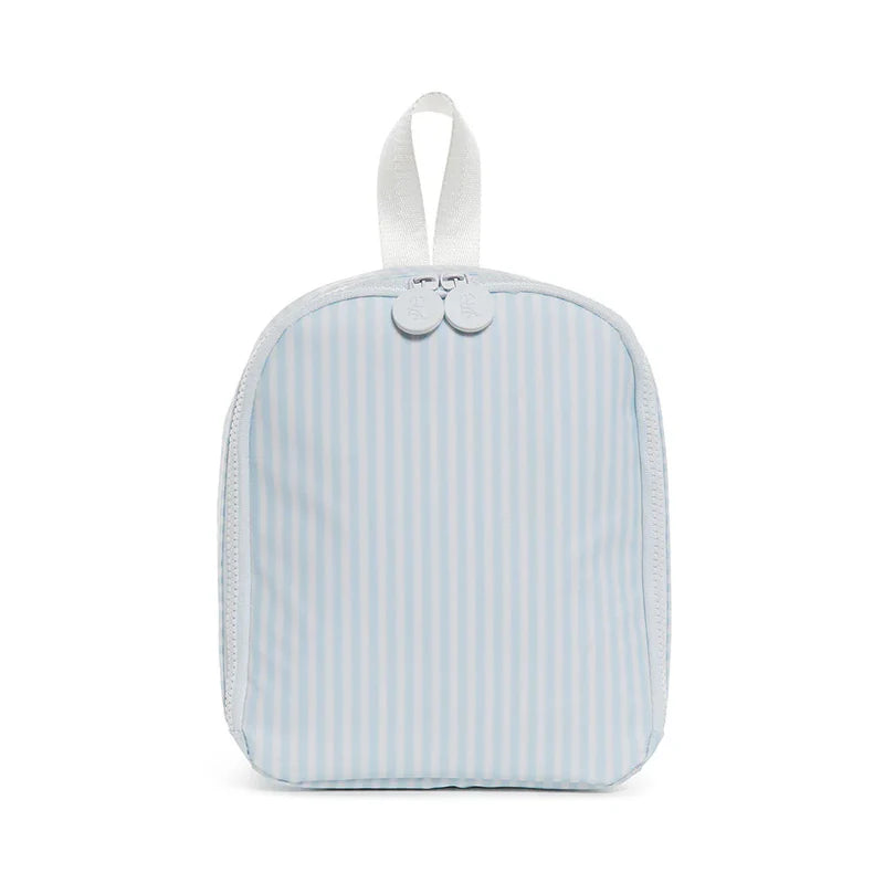 Light blue striped pouch with a white strap on a white background