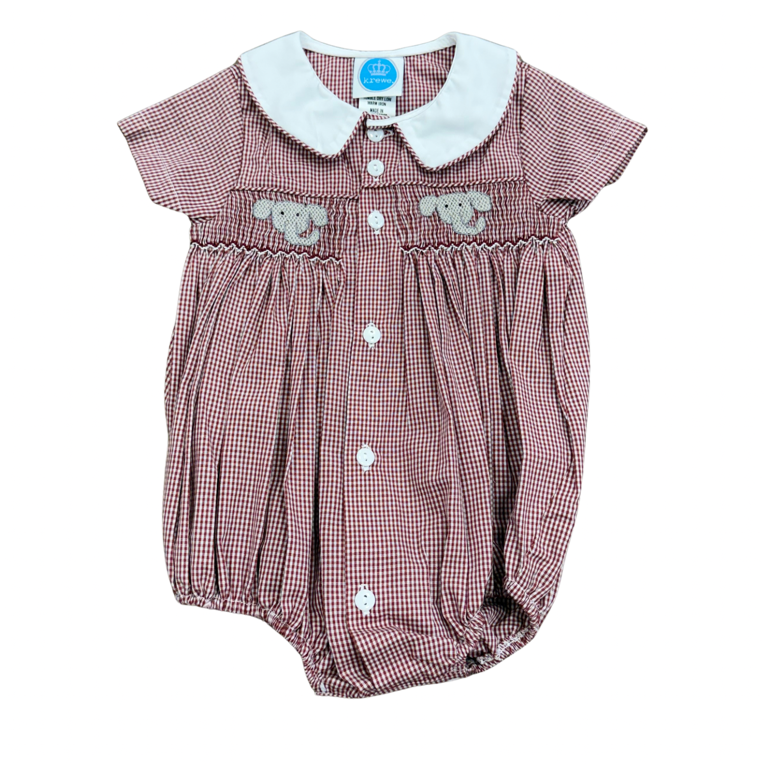 Miller Smocked Bubble, Crimson Gingham Elephant - Born Childrens Boutique