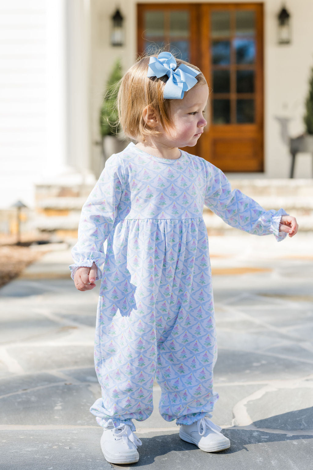 Isla Christmas Tree/Blue Bow Long Bubble - Born Childrens Boutique