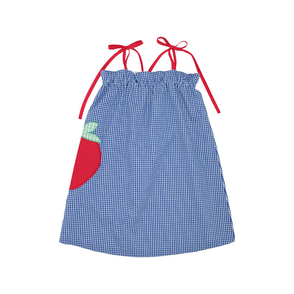 Lainey's Little Dress Rockefeller Royal Mini Gingham With Richmond Red Micro Dot & Strawberry Applique - Born Childrens Boutique