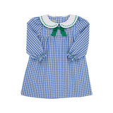 Long Sleeve Banks Bow Dress Barbados Blue Gingham With Kiawah Kelly Green - Born Childrens Boutique