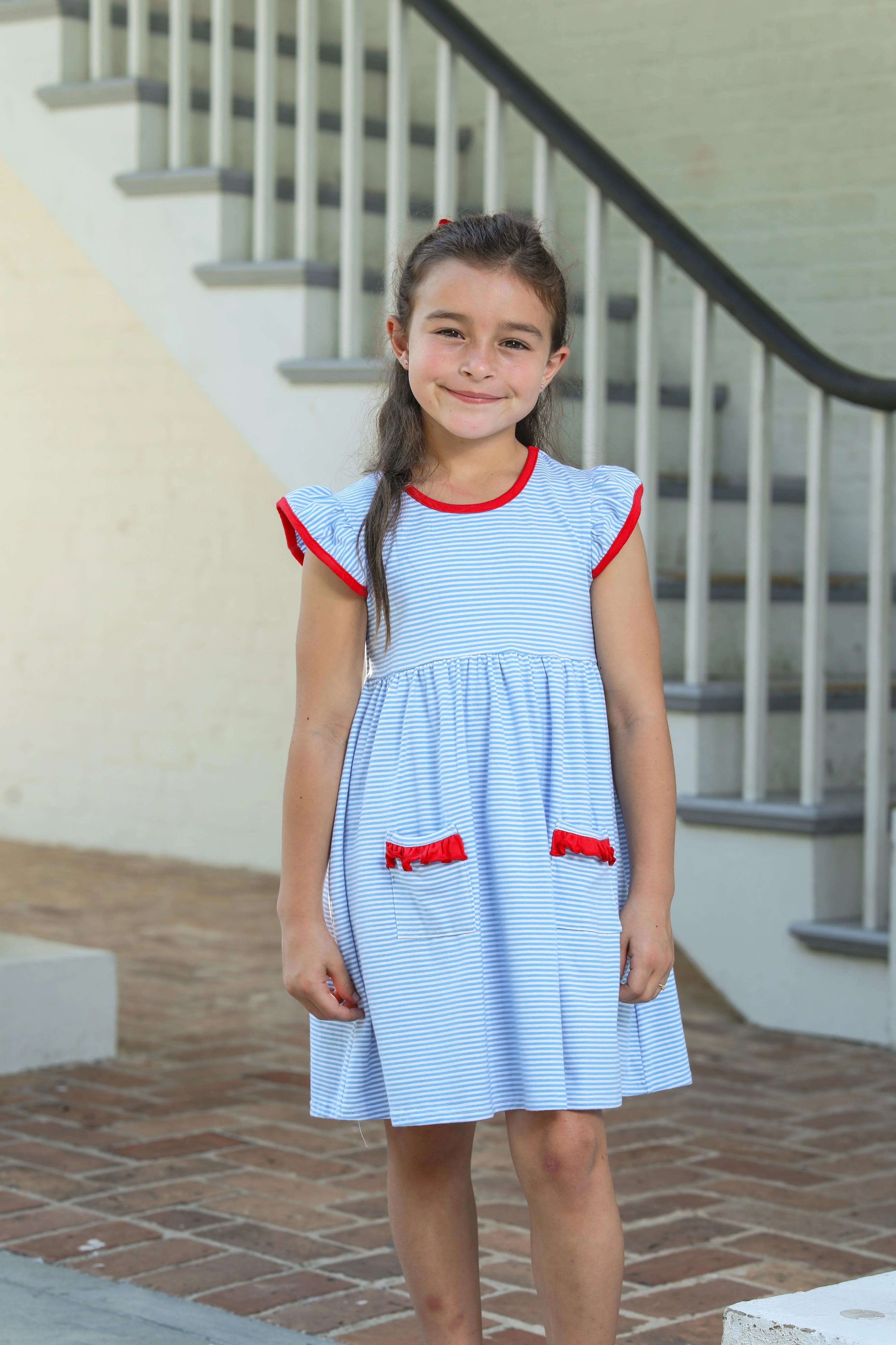 Lucy Dress - Cornflower Stripe/Red - Born Childrens Boutique