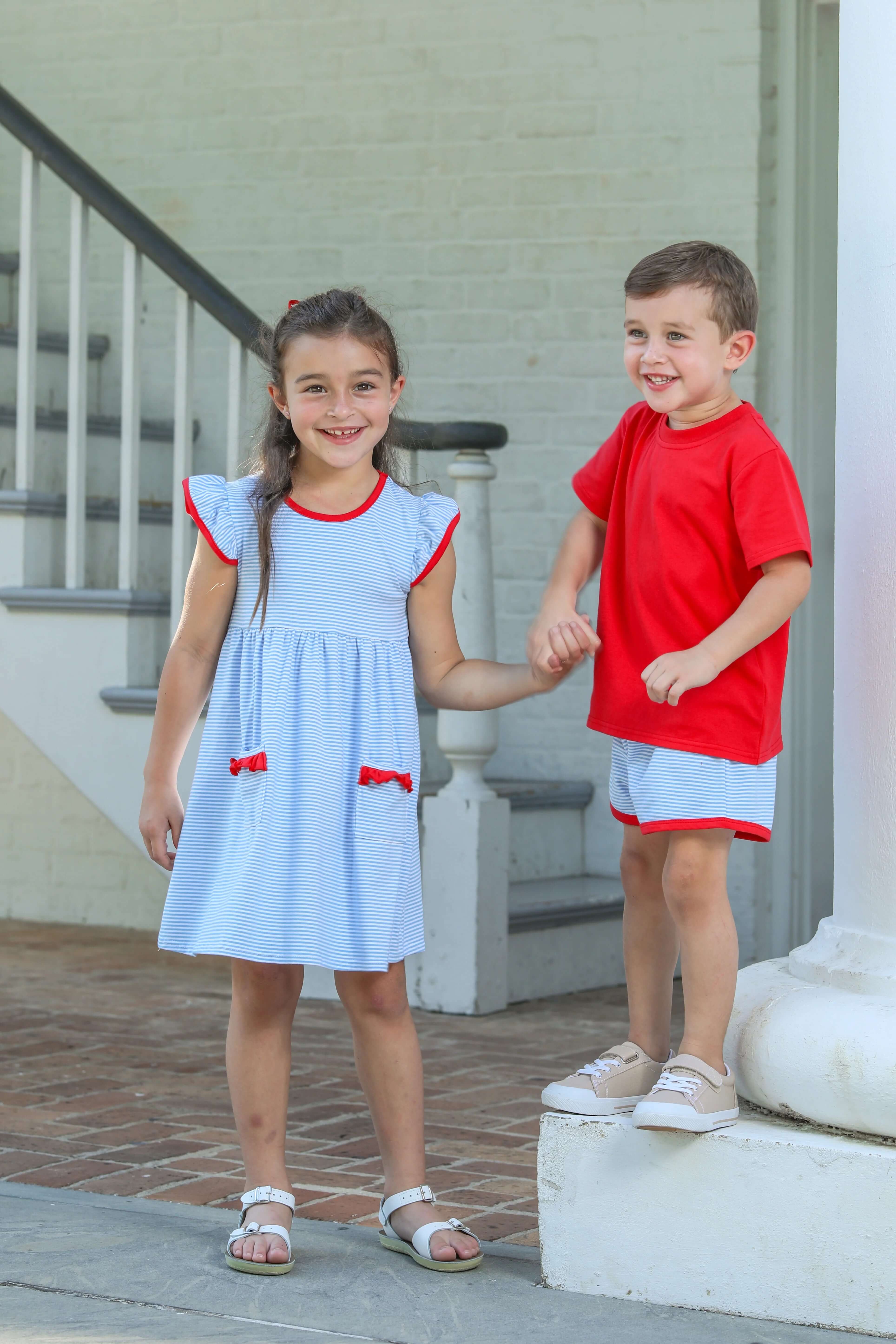 Lucy Dress - Cornflower Stripe/Red - Born Childrens Boutique