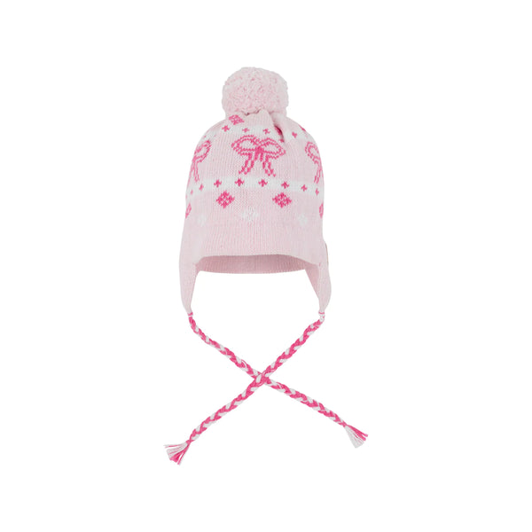 Parrish Pom Pom Hat Palm Beach Pink Knit With Hamptons Hot Pink Bows - Born Childrens Boutique