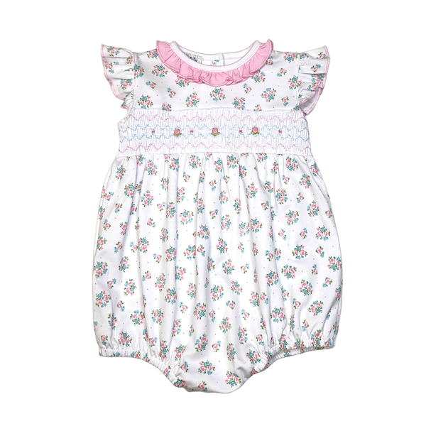 Magnolia Baby Annalise's Classics Smocked Printed Flutters Bubble Pink - Born Childrens Boutique