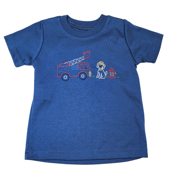 Houston Blue Shirt Dog w Firetruck - Born Childrens Boutique
