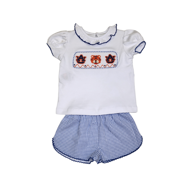 SS70BS Smocked Bloomer/Short Set - Navy/Orange - Born Childrens Boutique
