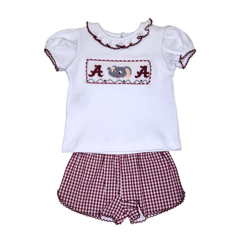 SS68BS Smocked Bloomer/Short Set - Crimson/Gray - Born Childrens Boutique