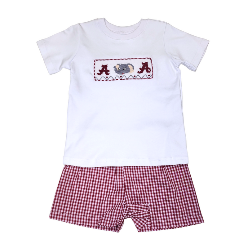 SS68SS Smocked Boy Short Set - Crimson/Gray - Born Childrens Boutique