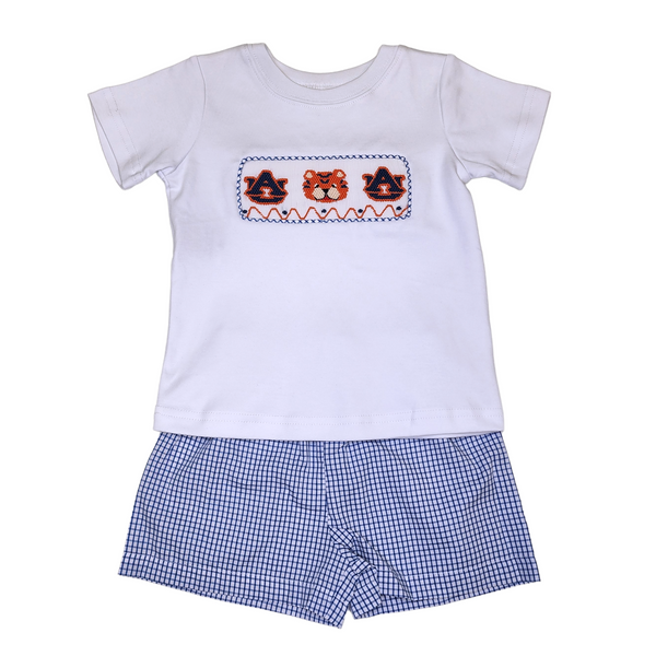 SS70SS Smocked Boy Short Set - Navy/Orange - Born Childrens Boutique