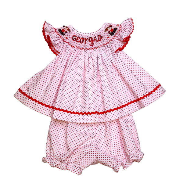 Red Bitty Dot Bishop Smock Cheer Bloomer Set - Born Childrens Boutique