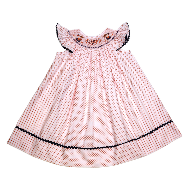 Orange Navy Tigers Bitty Dot Bishop Smock Cheer Dress - Born Childrens Boutique