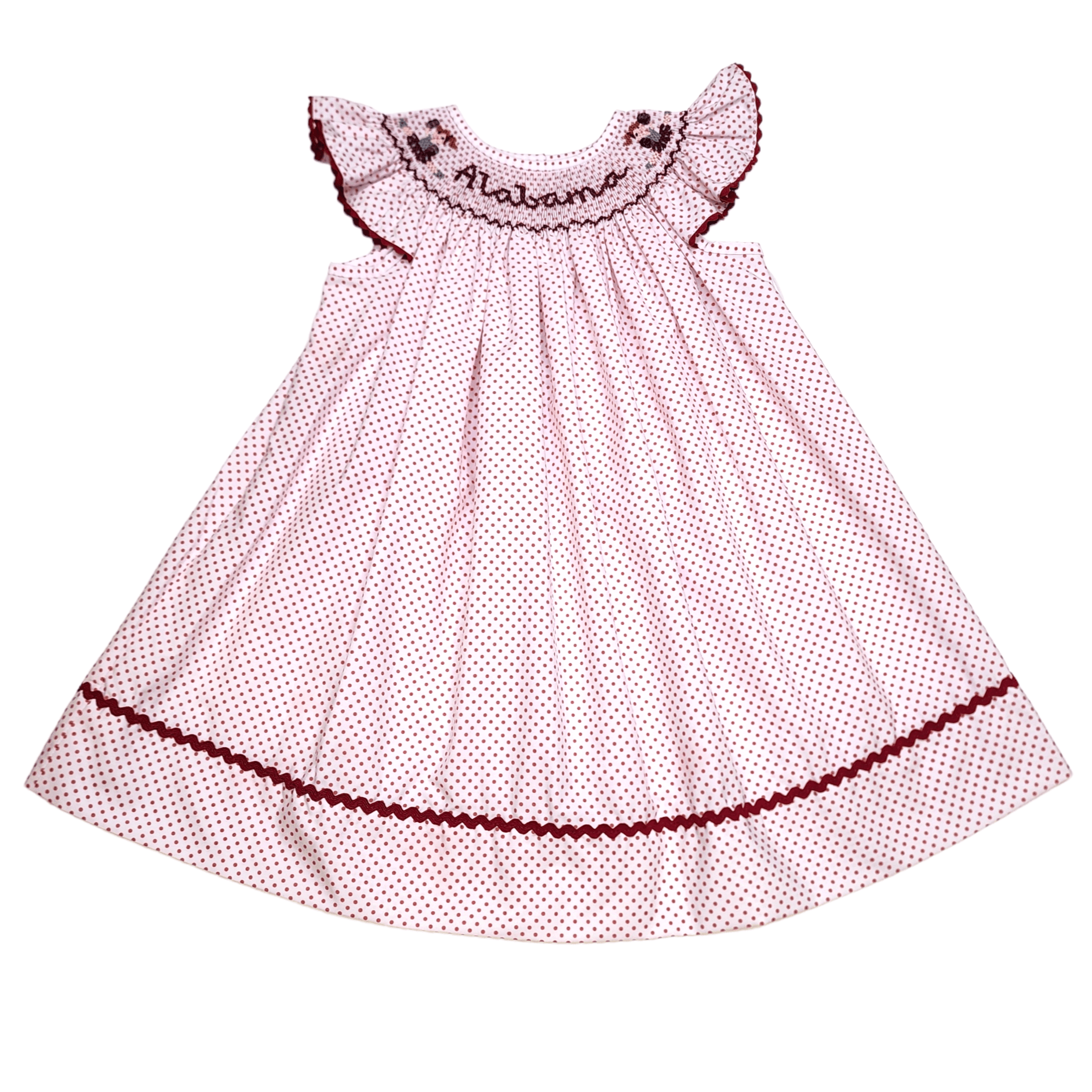 Crimson Bitty Dot Bishop Alabama Smock Cheer Dress - Born Childrens Boutique