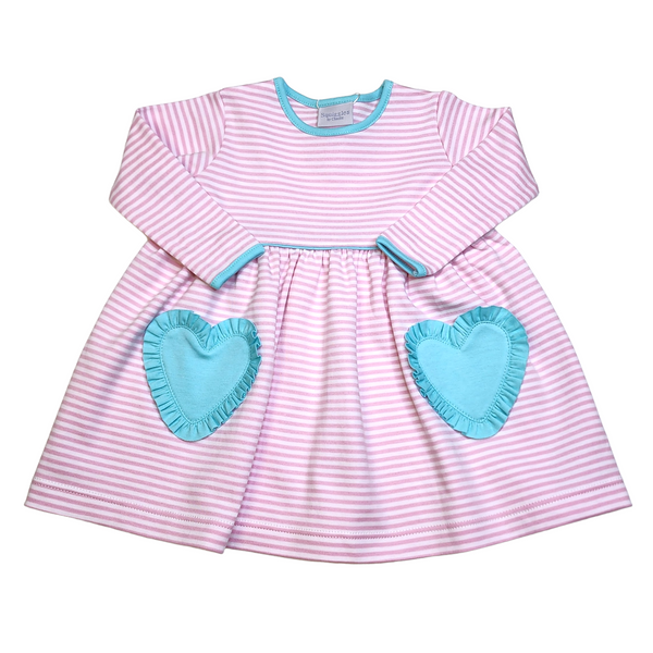 sq190 Lt Pink Stripe Aqua Heart Pocket Pop Dress - Born Childrens Boutique
