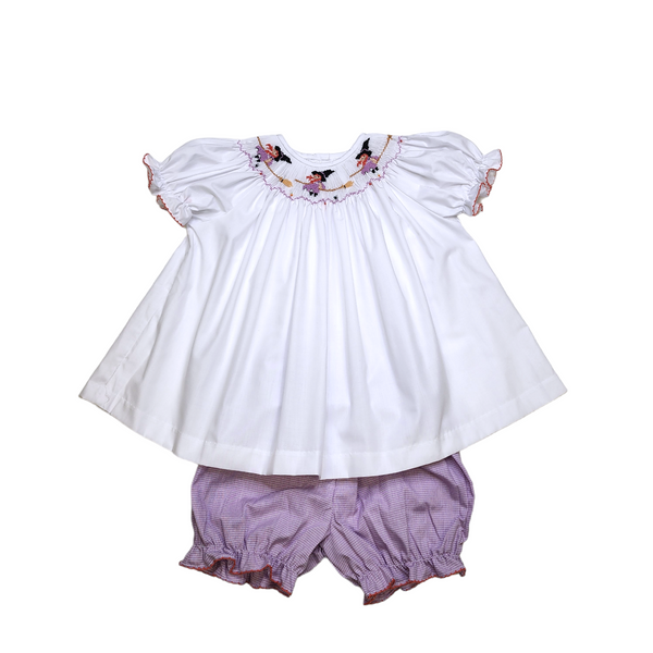 Emma Smocked Witch Bishop Bloomer Set Purple Mini Gingham - Born Childrens Boutique