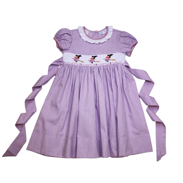 Rose Smocked Witch Dress Purple Mini Gingham - Born Childrens Boutique