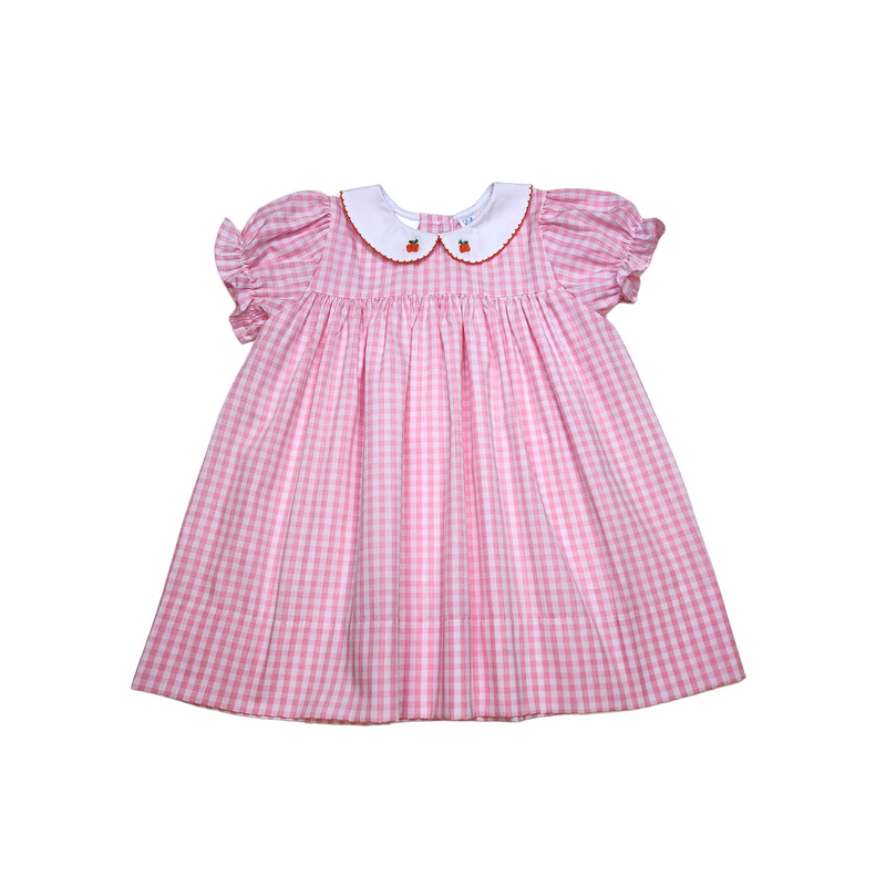 Bea Pumpkin Embroidery Collar Dress Pink Check - Born Childrens Boutique