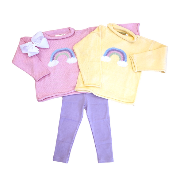 Rainbow w/ Clouds Roll Pink Sweater - Born Childrens Boutique