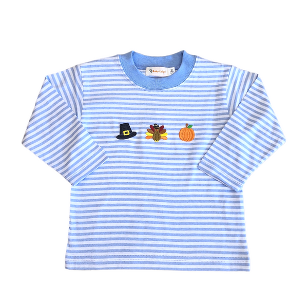 Boy Turkey/Pumpkin/Hat Sky Blue Stripe Shirt - Born Childrens Boutique