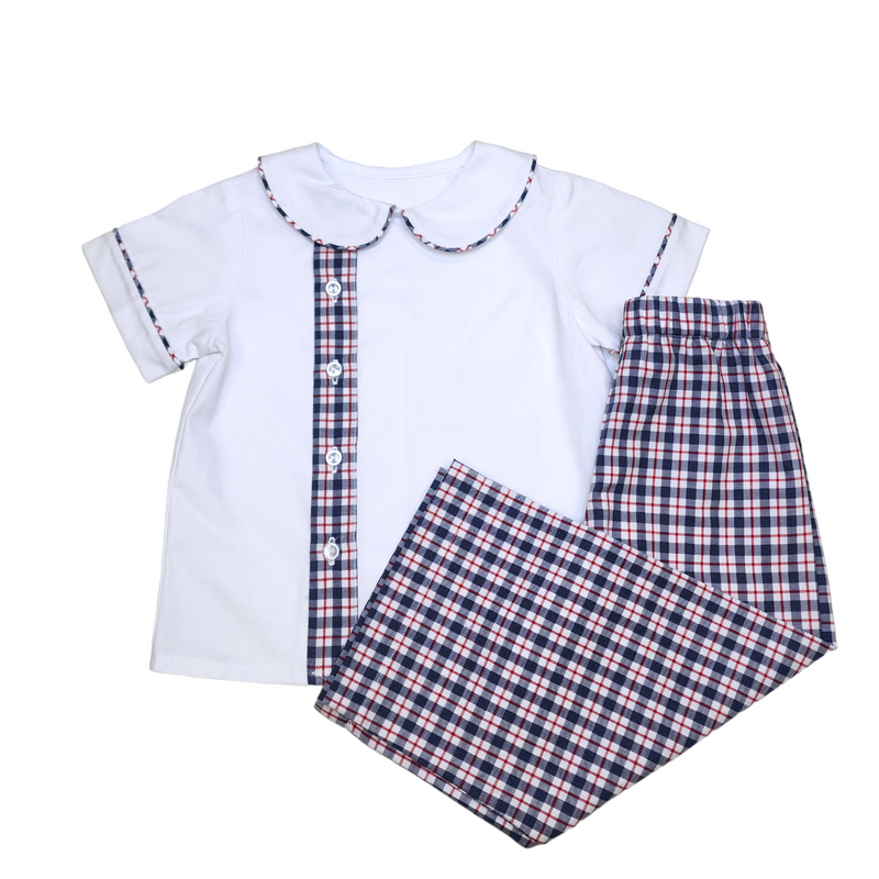 Tyler Panel Boy Set Navy/Red Plaid - Born Childrens Boutique