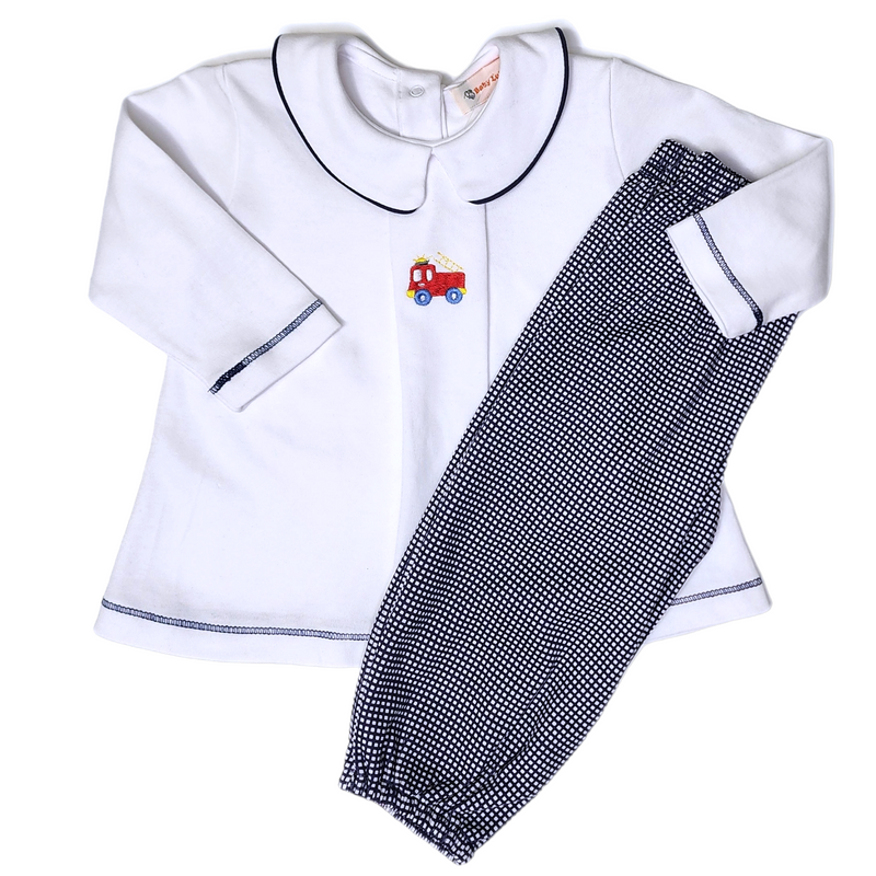 Fire Truck Navy Gingham Set - Born Childrens Boutique