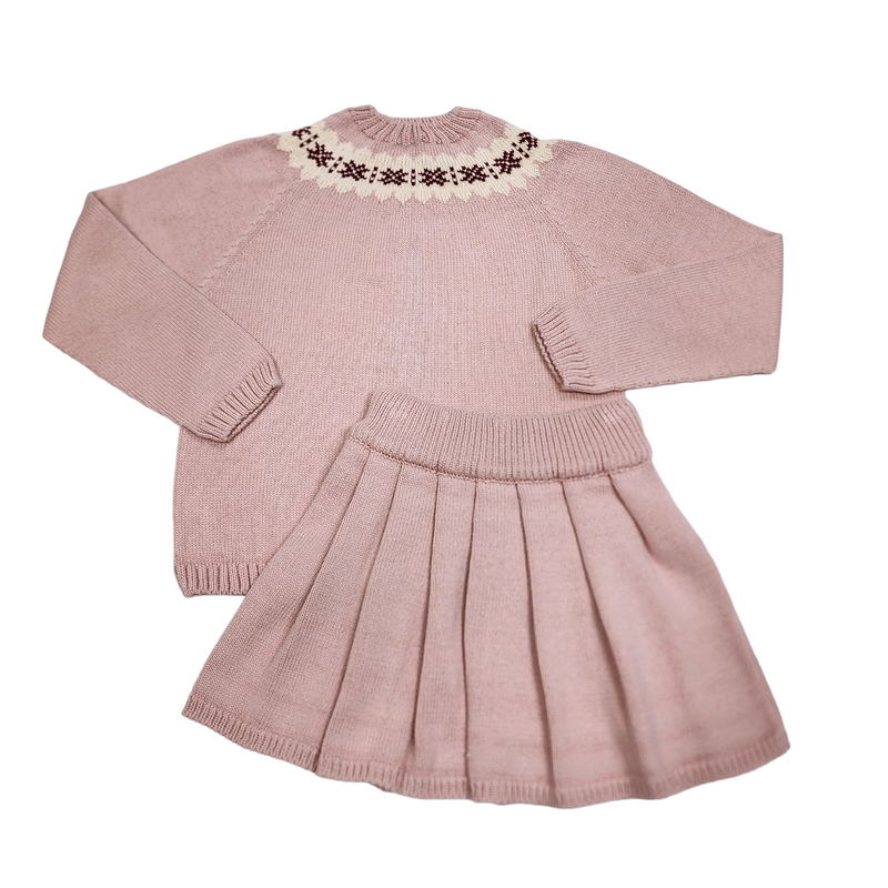 Fair Isle Crew Rose Garnet Ecru Skirt Set - Born Childrens Boutique