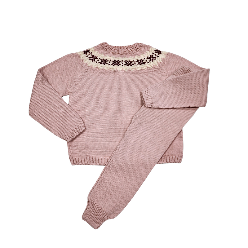 Fair Isle Crew Rose Garnet Ecru Jogger Set - Born Childrens Boutique