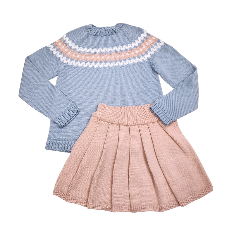 Fair Isle Crew Blue Rose White Skirt Set - Born Childrens Boutique