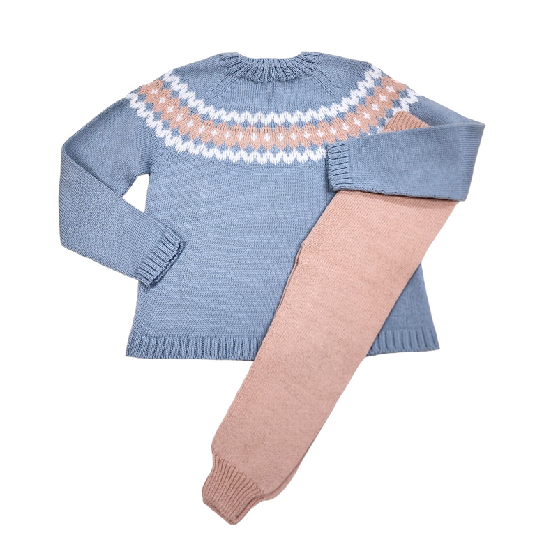 Fair Isle Crew Blue Rose White Jogger Set - Born Childrens Boutique