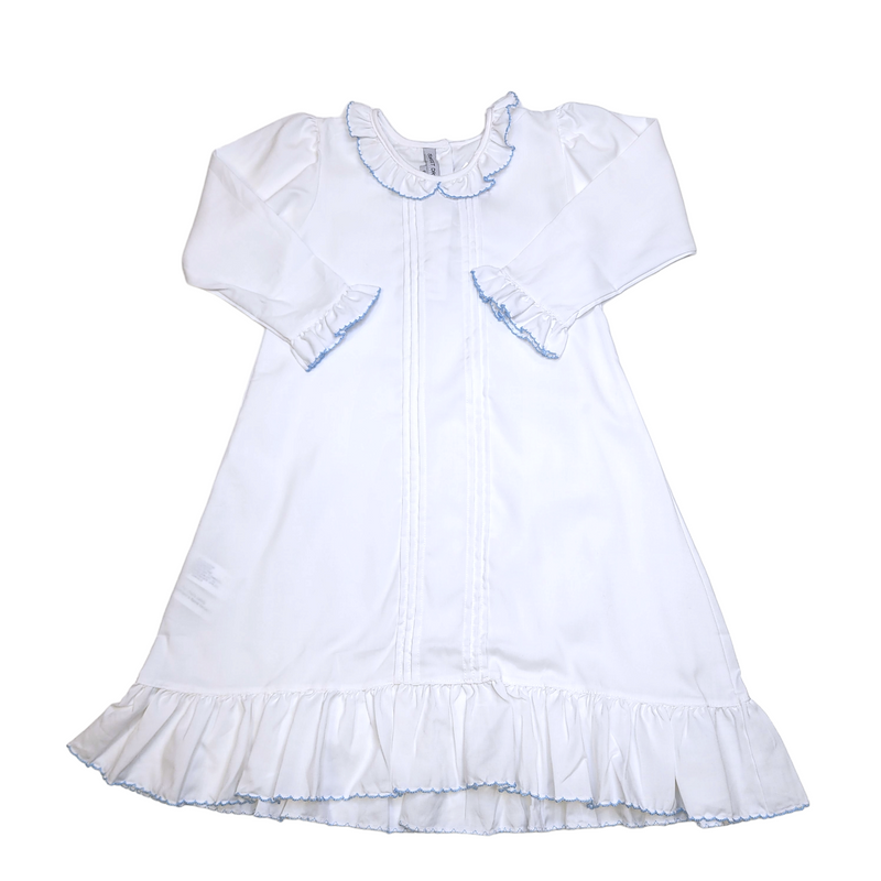 White Pleated Gown w/ Blue Picot Trim - Born Childrens Boutique