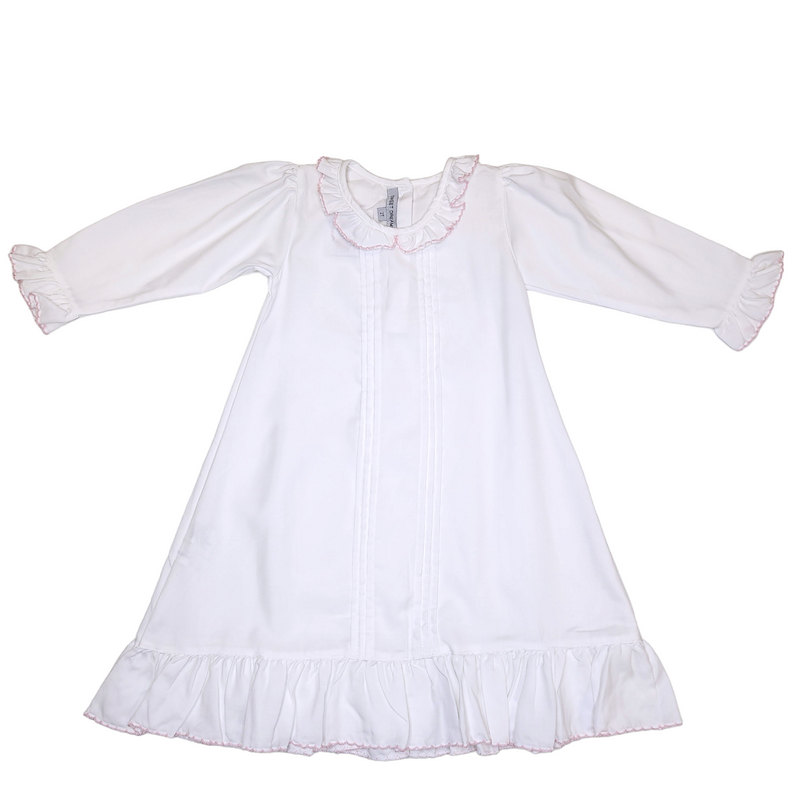White Pleated Gown w/ Pink Picot Trim - Born Childrens Boutique