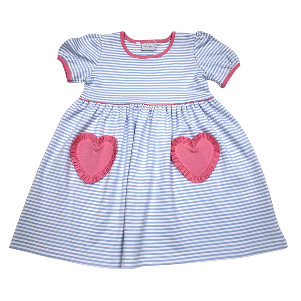 Blue Stripe/Pink Heart Pocket Popover Dress - Born Childrens Boutique