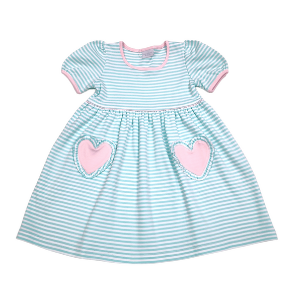 Mint Stripe/Lt. Pink Heart Pocket Popover Dress - Born Childrens Boutique
