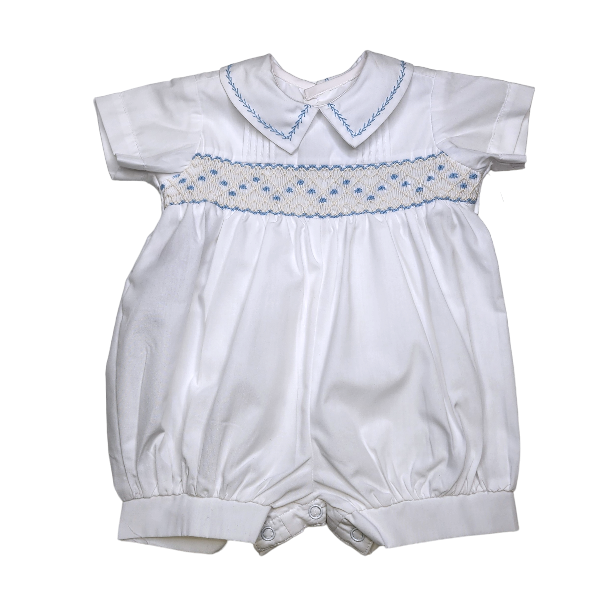White Finley Boy Romper w/ Blue Smocking - Born Childrens Boutique