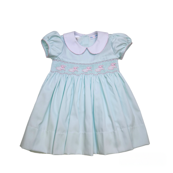 Rosie Mint/Pink Lamb Smocked Waist Dress - Born Childrens Boutique