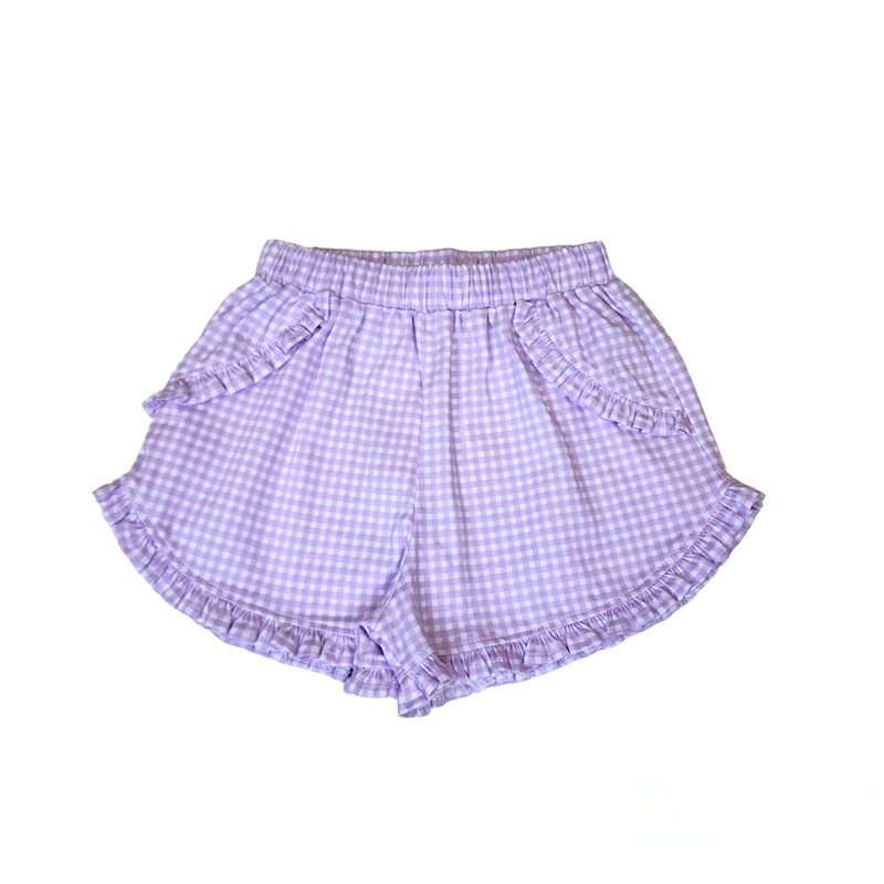 Kinley Ruffled Shorts - Lavender Gingham - Born Childrens Boutique