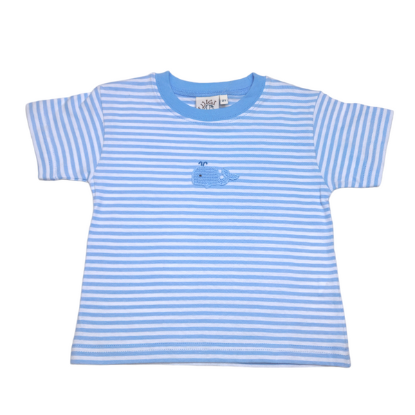 Sky Blue Stripe Crochet Whale Boy Short Sleeve Shirt - Born Childrens Boutique