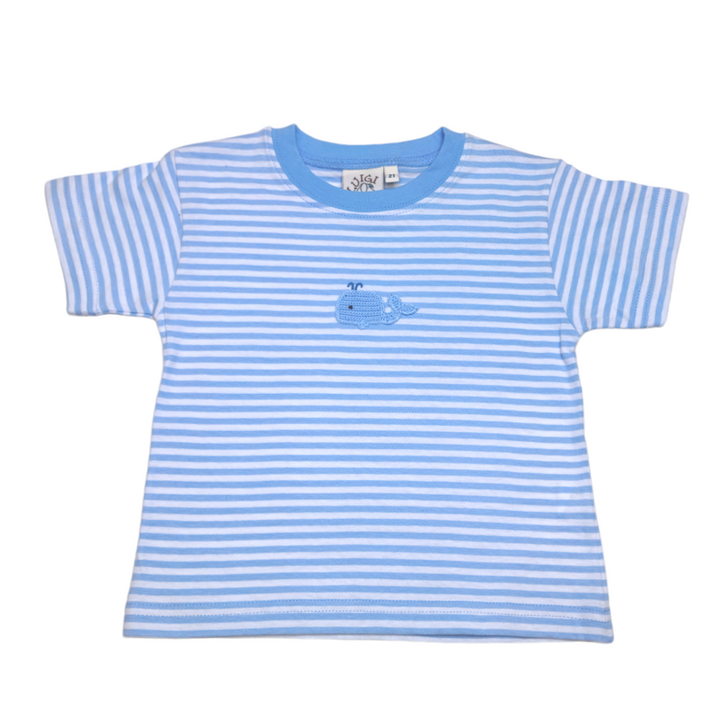 Sky Blue Stripe Crochet Whale Boy Short Sleeve Shirt - Born Childrens Boutique
