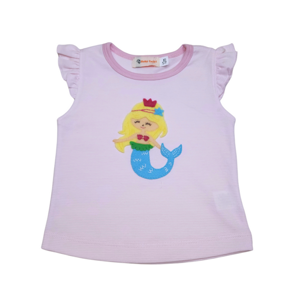 Girl Flutter Sleeve Blonde Mermaid Light Pink Stripe - Born Childrens Boutique