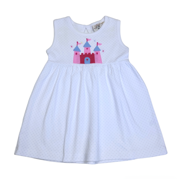 Sleeveless Dress Crochet Castle on Baby Blue Polka Dot - Born Childrens Boutique