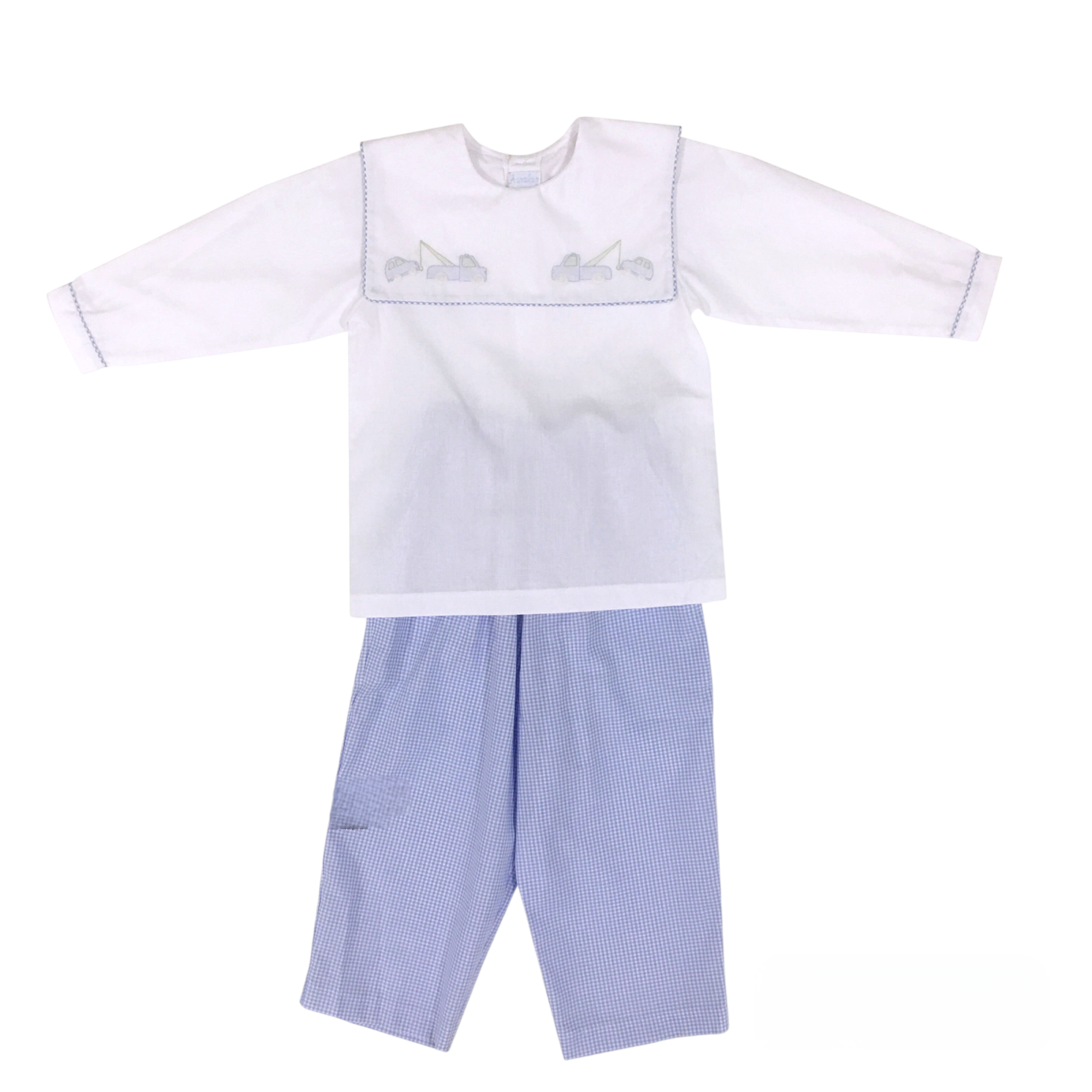 Two Piece Blue Check Tow Truck - Born Childrens Boutique